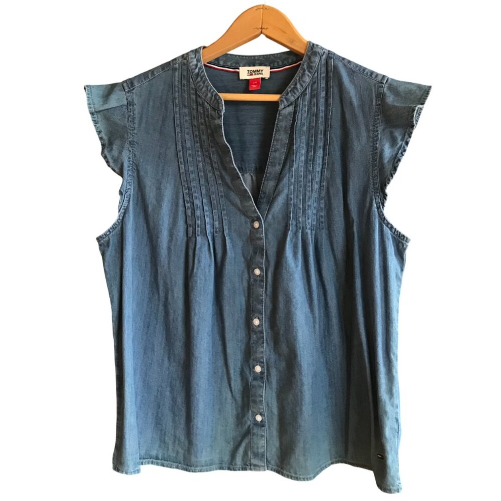 Tommy Jeans Pleated Denim Shirt, Flutter Sleeves Low V-Neck Button-Down Sz Large